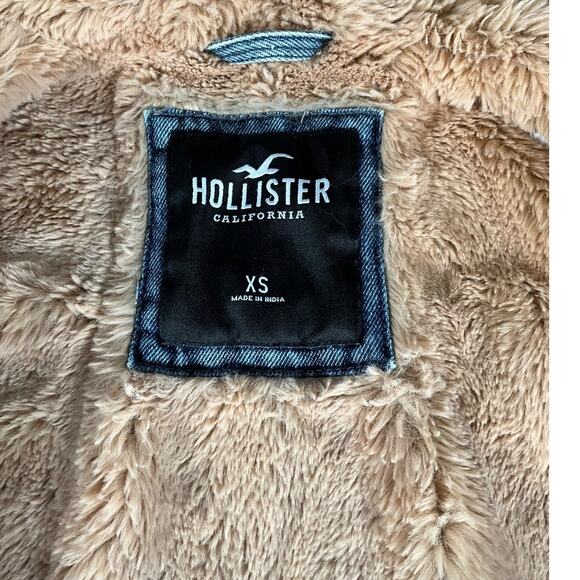 Hollister Faux Fur Lined Denim Jacket Women’s XS Y2K Cropped Tan Sherpa Collar - Picture 8 of 13